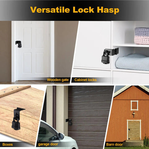Heavy Duty 90 Degree Hasp Latch 4 Inch Stainless Steel Door Lock Rust Resistant Secure Gate Shed Barn Rock Solid Build mounted on various surfaces.