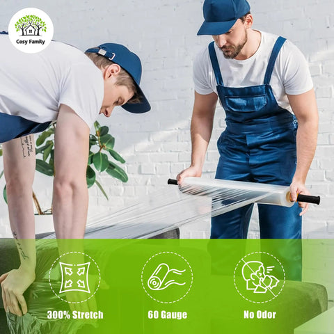 Two men using industrial strength plastic wrap roll 1000 ft 60 gauge 15 inch wide clear stretch film with handles for wrapping.