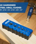 Kreg portable drilling guide in blue plastic case with six hardened steel drill guides; sizes 1/8 to 1/2 in front view