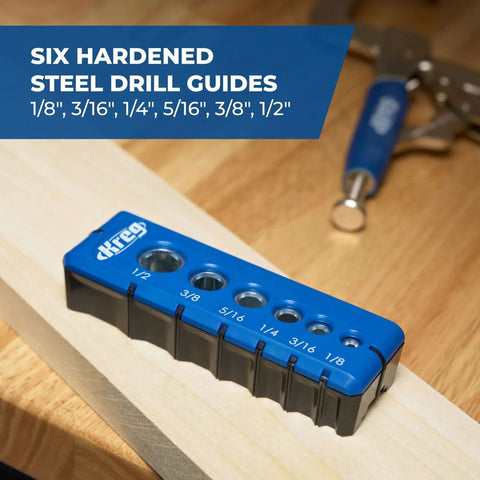 Kreg portable drilling guide in blue plastic case with six hardened steel drill guides; sizes 1/8 to 1/2 in front view