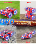 Spider 4WD Remote Control Car With 2.4GHz Radio on grass, floor, pebble, and sand surfaces, showcasing LED lights and stunts.