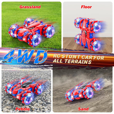 Spider 4WD Remote Control Car With 2.4GHz Radio on grass, floor, pebble, and sand surfaces, showcasing LED lights and stunts.