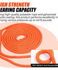 Close-up view of orange polyester rope for tree rigging, showcasing high strength, with galvanized steel hardware visible.