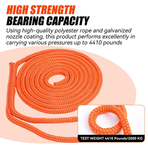 Close-up view of orange polyester rope for tree rigging, showcasing high strength, with galvanized steel hardware visible.