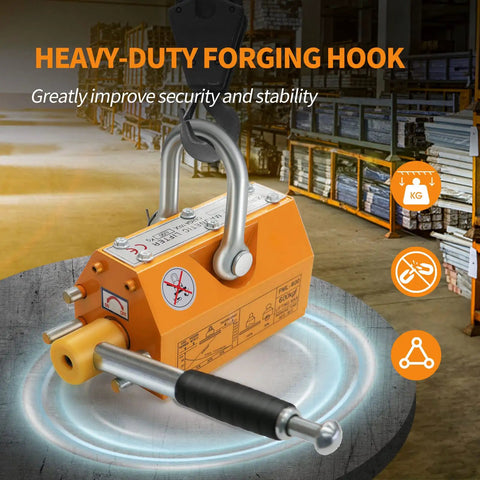 1320 Lbs Magnetic Lifter With Release Lever in warehouse, orange body with handle, lifting magnet for steel plates, heavy duty use