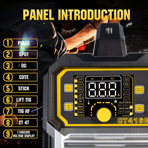 Front panel of 6 In 1 Welding Machine With Plasma Cutter And TIG Capabilities, featuring controls and LED display for easy operation.