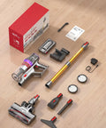 Heavy Duty Cordless Stick Vacuum Delivering A Rock Solid 55Kpa Suction And Snappy 650W Motor, Extended Eighty Minute Battery Life, Self Standing Anti Tangle Brush Makes Cleaning Pets And Carpets A Total Breeze components displayed on wooden floor.