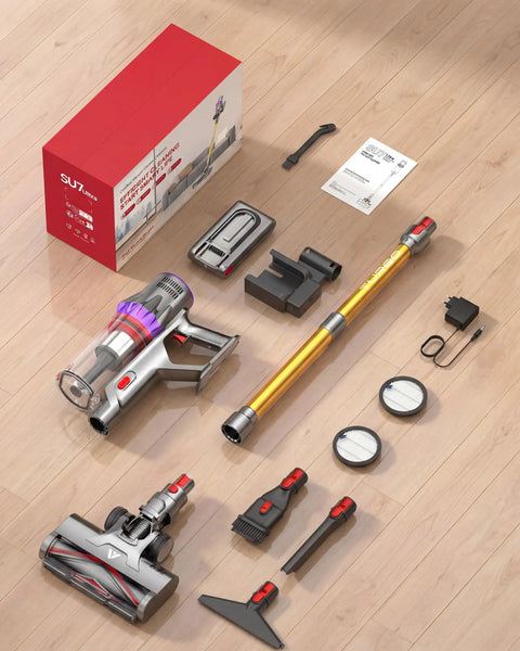 Heavy Duty Cordless Stick Vacuum Delivering A Rock Solid 55Kpa Suction And Snappy 650W Motor, Extended Eighty Minute Battery Life, Self Standing Anti Tangle Brush Makes Cleaning Pets And Carpets A Total Breeze components displayed on wooden floor.