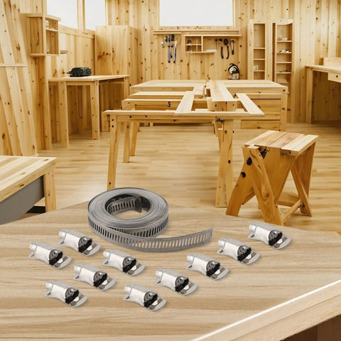 Ultimate Stainless Steel Hose Clamp Kit 304 Grade Adjustable Worm Gear Strap For Automotive Marine And DIY Pipe Repair Silver Heavy Duty Reusable Fasteners 12.6mm Width Perfect Fit No Rust Just Solid Strength You Can Count On. coiled with clamp fasteners on wood workbench