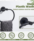 Killer Matte Black Oval Towel Ring Features Smooth Swivel Action Wall Mounted Bathroom Accessory Adds Modern Flair To Kitchen Or Bath Durable Build Makes Hanging Towels A Breeze Total Game Changer For Daily Routine. Towel ring with a gray towel placed on it, showcasing robust stainless steel wall mount.