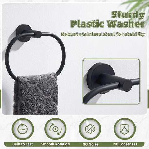 Killer Matte Black Oval Towel Ring Features Smooth Swivel Action Wall Mounted Bathroom Accessory Adds Modern Flair To Kitchen Or Bath Durable Build Makes Hanging Towels A Breeze Total Game Changer For Daily Routine. Towel ring with a gray towel placed on it, showcasing robust stainless steel wall mount.