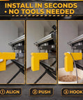 Heavy Duty Table Saw Dust Collection Adapter With Universal Hose Connector for rock solid suction and fast hookup, shown in installation steps.