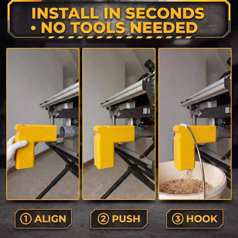 Heavy Duty Table Saw Dust Collection Adapter With Universal Hose Connector for rock solid suction and fast hookup, shown in installation steps.