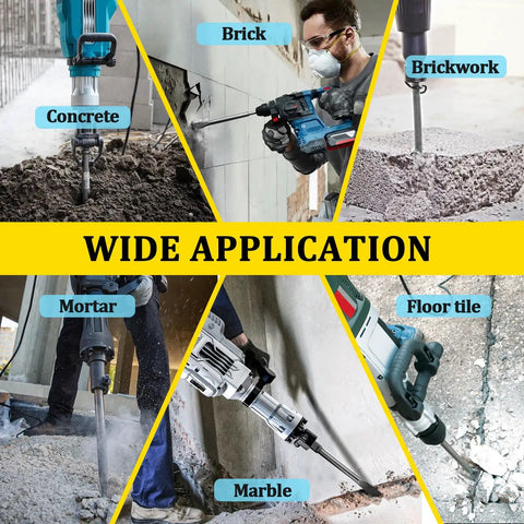 Collage showing "3 Pack Pneumatic Taper Punch And Air Cold Chisel Set For Air Hammer Tools, Built For Tough Jobs" used on concrete, brick, brickwork, mortar, marble, and floor tile