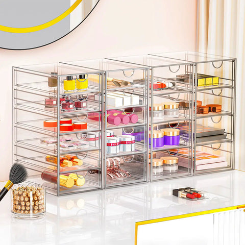 Real Talk No Fuss Clutter Crusher Game Changer Vanity Setup Easy Glide Bins with clear acrylic holders storing cosmetics.