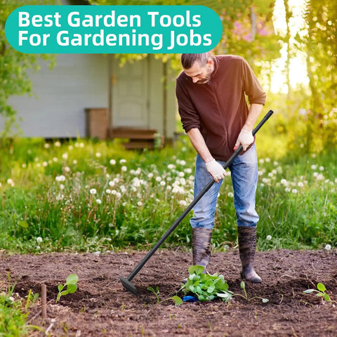 Man using Heavy Duty Bow Rake With 60 Inch Adjustable Handle And 12 Tines For Soil Leveling, Thatch Rake For Gardening