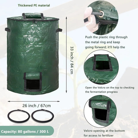 80 Gallon Compost Bin Bags Set Heavy Duty 2 Pack Foldable Garden Yard Waste Bags with velcro openings and handles, 300L capacity