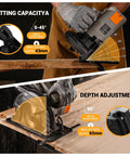 Pro Grade Corded Circular Saw 1200W With 4800Rpm Motor And 185mm 24 Tooth Blade cutting at various angles and depths on wood.