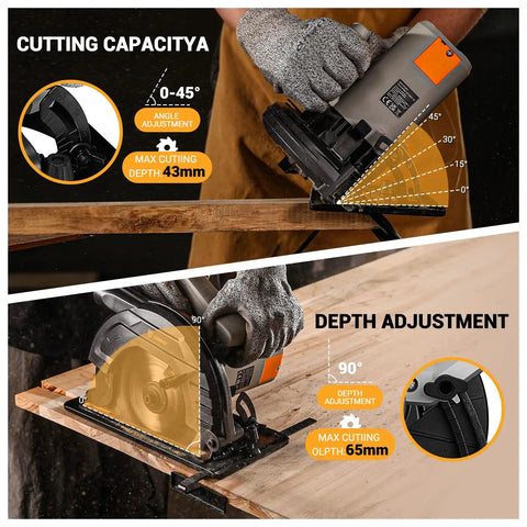 Pro Grade Corded Circular Saw 1200W With 4800Rpm Motor And 185mm 24 Tooth Blade cutting at various angles and depths on wood.