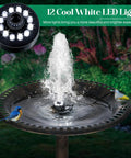 Bird Bath Fountain Kit With 12 LED Lights And A 24 Hour Submersible Pump With Light in garden setting, birds perched on edge.