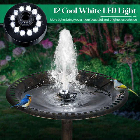 Bird Bath Fountain Kit With 12 LED Lights And A 24 Hour Submersible Pump With Light in garden setting, birds perched on edge.