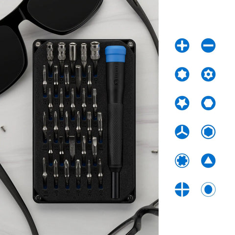 Moray Driver Kit: 32 Precision Bits For Smartphones, Game Consoles, And Small Electronics Repair in a compact case, diverse bit shapes visible.