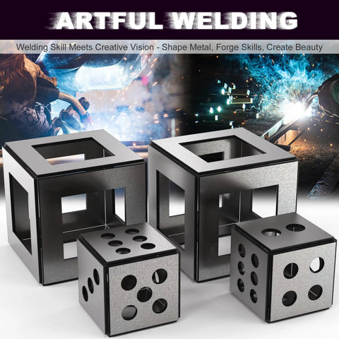 Welding Practice Kit 24-Piece 14 Gauge Mild Steel Plates for sheet metal fabrication with laser cut edges shown in artistic cube design