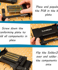 Hands Free Through-Hole Soldering Jig For PCBs And Breadboards CSJ-1 Conforming Fixture in use with PCBs and components secured.
