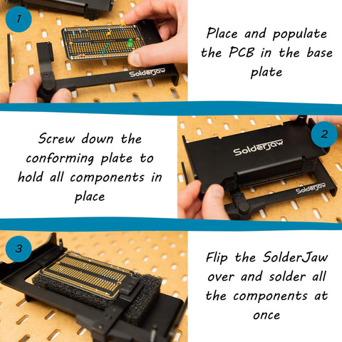 Hands Free Through-Hole Soldering Jig For PCBs And Breadboards CSJ-1 Conforming Fixture in use with PCBs and components secured.