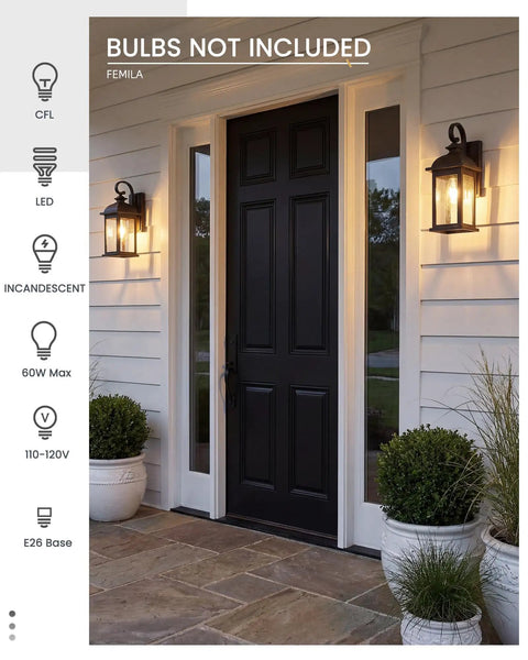 Two Pack Outdoor Wall Sconces, Waterproof Exterior Porch Lanterns With E26 Socket, Anti Rust Matte Black Finish And Seeded Glass Lampshade lighting a black door entryway