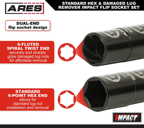 Dual-end design of socket from Damaged Lug Nut Flip Socket Set With Half Inch Drive And Three Inch Extension Includes Seventeen Millimeter
