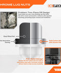 Diagram comparing two-piece OE lug nuts with One Piece M14x2.0 Dometop Wheel Nut showing solid design and corrosion resistance.