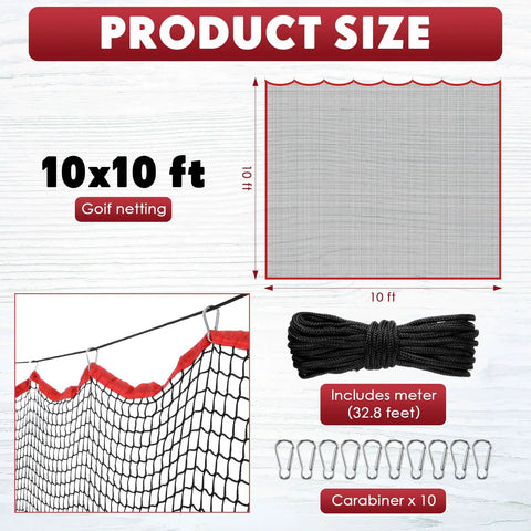 10 Foot Golf Hitting Net Set With Carabiners And Tie Rope Heavy Duty Practice Net dimensions and accessories shown