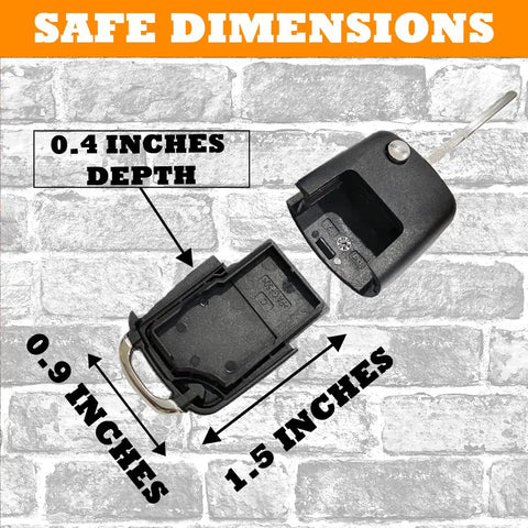 Lowkey Discreet Car Key Diversion Safe With Hidden Secret Compartment open showing dimensions 1.5 x 0.9 x 0.4 inches
