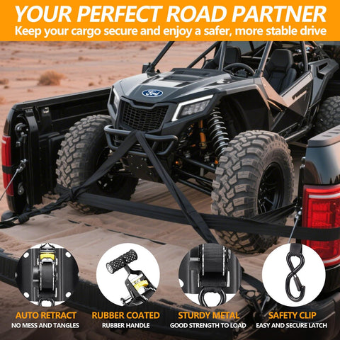 Ford F150 2015-2025 2 Pack Retractable Tie Down Straps securing off-road vehicle with boxlink plates and bed mount brackets.