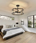 Black Semi Flush Mount Ceiling Light With Four Lights For Dining Room Kitchen And Bedroom Dope Vintage Farmhouse Industrial Close To Ceiling Chandelier For Sloped Ceilings Durable Metal Fixture in bedroom setting.