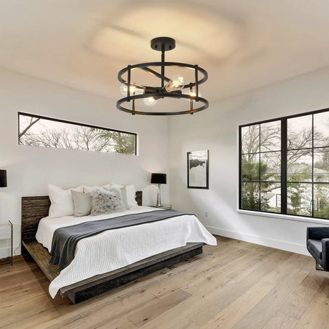 Black Semi Flush Mount Ceiling Light With Four Lights For Dining Room Kitchen And Bedroom Dope Vintage Farmhouse Industrial Close To Ceiling Chandelier For Sloped Ceilings Durable Metal Fixture in bedroom setting.