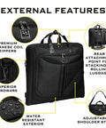 business travel garment bag with premium zippers and shoulder strap