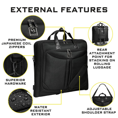 business travel garment bag with premium zippers and shoulder strap