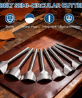 Nine Piece Half Round Leather Punch Set From 10mm To 50mm for belts wallets bags durable steel on wooden table