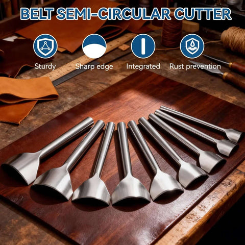 Nine Piece Half Round Leather Punch Set From 10mm To 50mm for belts wallets bags durable steel on wooden table