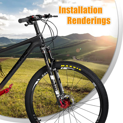 Travel 120mm Air Suspension Fork For Mountain Bikes With Rebound Adjust Manual And Remote Lockout One Eighth Inch Straight Or Tapered Steerer 9mm QR Disc Brake Compatible Ultralight XC AM Front Fork installed on bike in scenic background