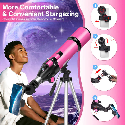 High Powered 80mm Refractor Telescope For Adults And Kids Portable 600mm Travel Scope With Tripod Phone Adapter Pink Color