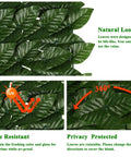 Close-up of artificial ivy privacy screen detailing UV protection, rotatable leaves, and strengthened joints for outdoor use