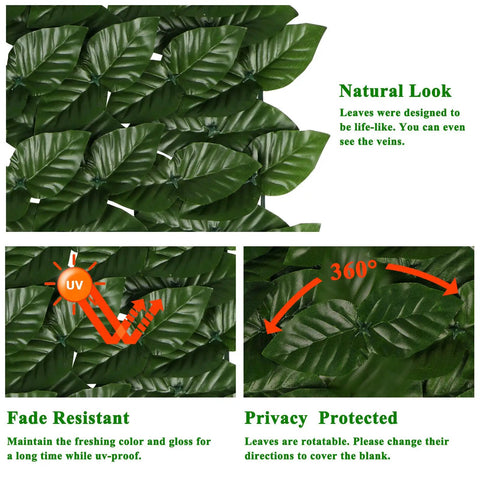 Close-up of artificial ivy privacy screen detailing UV protection, rotatable leaves, and strengthened joints for outdoor use
