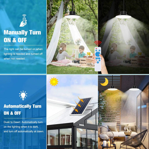 Solar Pendant Lights Outdoor Indoor 3 Color Dimmable With Remote Control, IP65 Waterproof Gazebo Lighting, automatic on-off