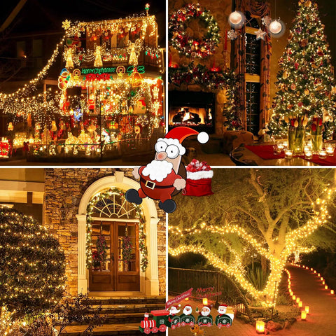 Festive outdoor setup with Two Pack 200 LED Solar String Lights For Outdoors Waterproof With 8 Modes And Memory Function Auto On Off Warm White Party Ready For Xmas Trees Gardens Weddings Parties And More