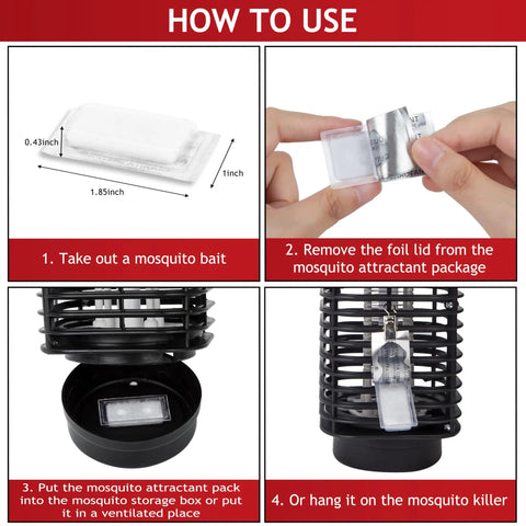 Step-by-step guide on using Six Pack Mosquito Zapper Lure Refills Attractant Bait For Fly Traps Indoor Outdoor with dimensions shown.