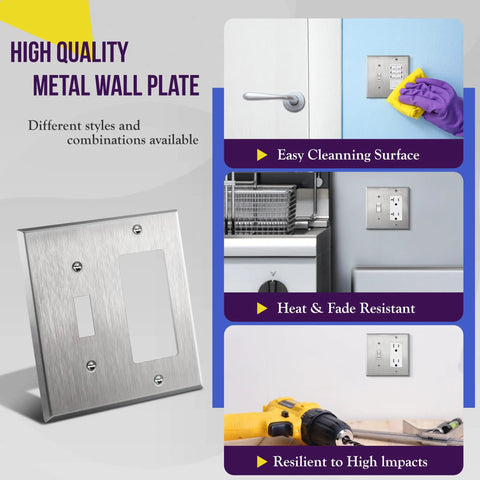 Heavy Duty 2 Gang Toggle Light Switch Decorator Metal Wall Plate 4.50 By 4.57 Inches 430 Stainless Steel Corrosion Resistant UL Listed Silver Finish Built To Last Tough As Nails, silver wall plate