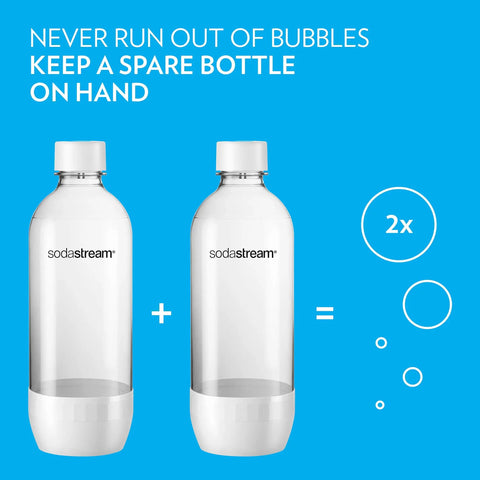 Twin Pack 1 Liter Carbonating Bottles for Sparkling Water Makers Dope BPA Free Hermetically Sealed Caps Hand Wash Only on blue background